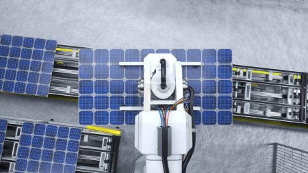 Foto de Toma aérea de brazo robótico colocando panel solar en línea de producción en fábrica de energía verde. Unidad de equipo pesado que coloca células fotovoltaicas en cintas transportadoras, plano de arriba hacia abajo, renderizado - Imagen libre de derechos