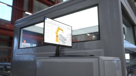 Téléchargez les photos : Concentrez-vous sur le moniteur PC montrant les contrôles de grande machine en arrière-plan flou dans l'entrepôt. Gros plan sur l'écran de l'ordinateur utilisé pour effectuer des tâches sur les machines CNC en usine, rendu 3D - en image libre de droit