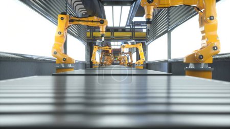 Automatisierte Fabrik mit Roboterarmen zur Platzierung der fertigen Produkte auf Förderbändern, 3D-Rendering. Fließbänder und schwere Maschinen im High-Tech-Logistikdepot