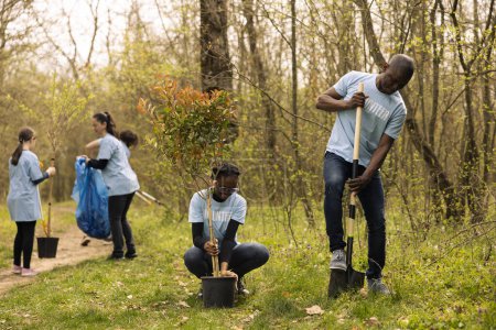 African american ecologic activists planting small trees in a forest, working together in unity to preserve and protect the natural environment. Growing vegetation for reforestation.