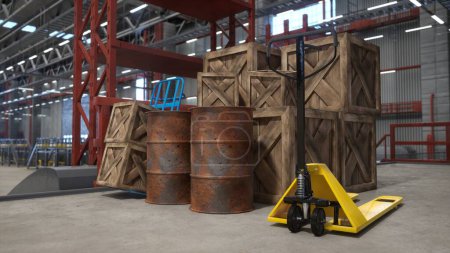 Photo for Industrial warehouse with wooden crates, rusted barrels, pallets and cart used for transportation of products. Manufacturing logistics depot used for goods production and storage, 3D render - Royalty Free Image