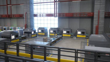 Foto de Filas de máquinas computarizadas en almacén con paneles de control y pantallas táctiles que muestran diagramas, renderizado 3D. Equipos de maquinaria CNC utilizados para procesos de automatización en plantas industriales - Imagen libre de derechos