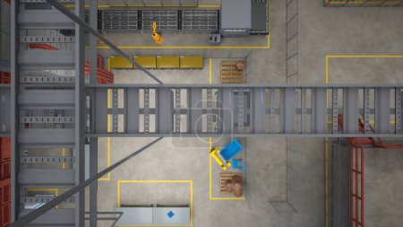 Facility with rows of industrial machines, manufacturing conveyor belts and robotic arms, top down view. CNC machinery and assembly lines in modern warehouse, 3D render drone shot