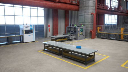 Tool box on workbenches, assembly lines and robotic arms in empty distribution center, 3D rendering. Professional factory workplace with equipment units and conveyor belts