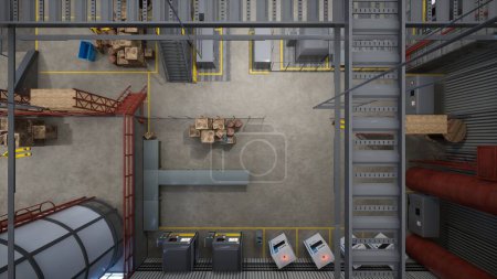 Photo for Top down view of industrial factory with wooden crates, barrels and machinery used for manufacturing products. Distribution center used for goods production and storage, 3D render, aerial drone shot - Royalty Free Image