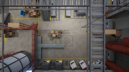 Warehouse with stack of wooden crates and rusted barrels next to assembly lines and machinery. Manufacturing logistics depot with conveyor belts and machines used for goods transportation, 3D render