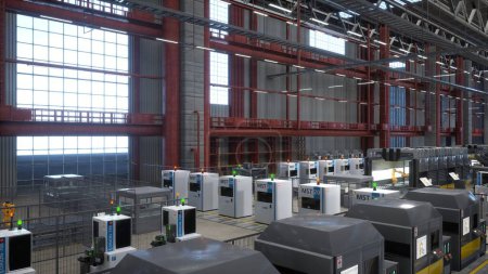 Modernes automatisiertes Logistikdepot mit Maschinen mit Bedienpulten und Bildschirmen, die für Echtzeiteinstellungen verwendet werden. Reihen von computergesteuerten Geräten in der Fabrik, 3D-Render