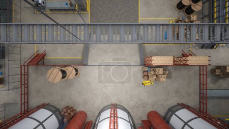 Photo for Top down view of industrial warehouse with wooden crates, barrels and jack used for transportation of products. Logistics depot used for goods production and storage, 3D render, aerial drone shot - Royalty Free Image