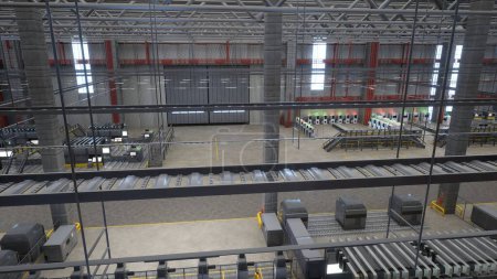 Huge empty storage hall with rows of industrial machines, conveyor belts and robotic arms, 3D rendering. CNC machinery and assembly lines in industrial plant, automated processes