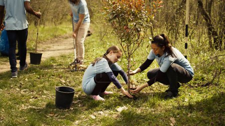 Ein Team von Umweltaktivisten gräbt Löcher und pflanzt Saatgut, um mehr Bäume anzubauen und die natürliche Waldumgebung zu erhalten. Freiwillige, die an der Pflege von Natur und Ökosystem arbeiten. Kamera B.