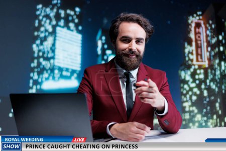 Photo for Night show host talks about royal conflict involving adultery, famous member of monarchy caught cheating. Media newscaster revealing information about prince and princess before wedding. - Royalty Free Image