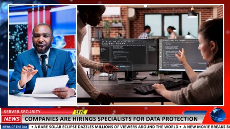 Reporter covers data protection growth story among big corporations, news reportage about IT programming sector jobs. African american journalist addressing technology newscast, tv host.