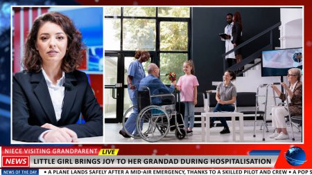 Die Geschichte von einem Kind, das einen alten Patienten live im Fernsehen besucht, schöne Geste einer süßen Nichte, die Großeltern während eines Krankenhausaufenthalts sieht. Nachrichtensprecher liest neueste Schlagzeilen.