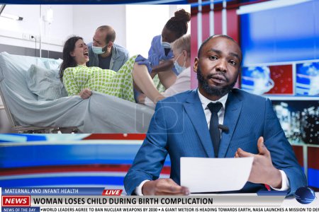 Devastating news woman loses child during childbirth, newscaster announcing story about maternal complication when giving birth. African american broadcaster works in international news studio.