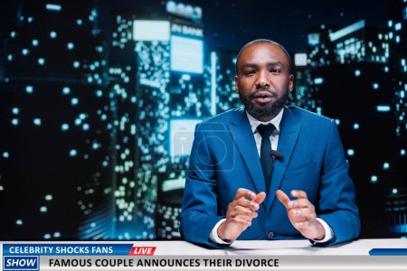 Media reporter announces scandalous divorce between famous celebrities, shocking fans around the world. Celebrity couple reveals having relationship issues, ending long marriage.