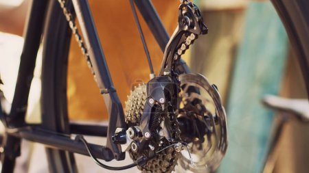 Photo for Close-up shot of man servicing and adjusting of bike rear derailleur and cogset outside for outdoor cycling. Detailed view of bicycle wheel revolving for close examination for damages. - Royalty Free Image