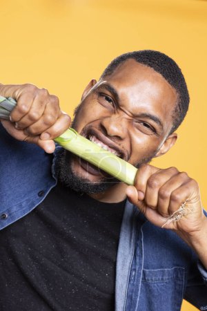 Photo for African american joyful man pretending to bite on a leek in studio, fooling around against yellow background with a locally grown green onion. Carefree relaxed person promotes zero waste. - Royalty Free Image