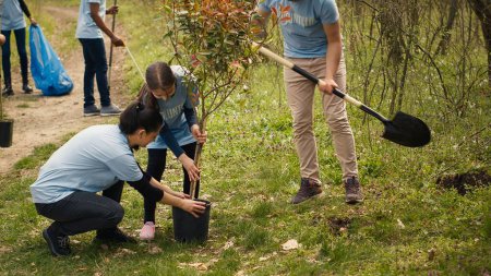 Team von Freiwilligen pflanzt Bäume rund um das Waldgebiet für Naturschutz und -schutz und leistet freiwillige Arbeit für ein Naturschutzprojekt. Klimaaktivisten pflanzen Setzlinge. Kamera A.