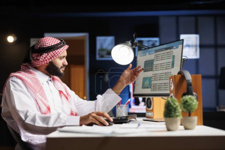 Photo for Handsome male professional focusing on work in a well-organized office space, surrounded by technology and paperwork. Muslim man closely examining the data research on pc monitor. - Royalty Free Image