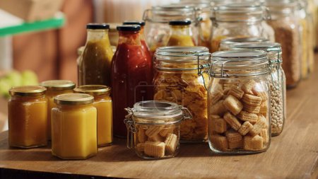 Close up on bulk food items in reusable glass jars used by environmentally friendly supermarket to lower climate impact. Local shop pantry staples in biodegradable nonpolluting packaging, panning shot