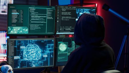 Cybercriminal using AI machine learning to develop zero day exploit undetectable by antivirus software. Hacker using artificial intelligence technology to build script tricking firewalls, camera A