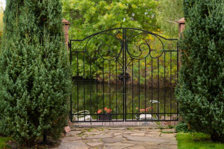metal forged gates, an element of building a house and a green hedge of a thuja fence