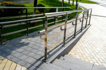 Photo for Walkway made of granite and marble with chrome railings, in the landscape design of architecture - Royalty Free Image