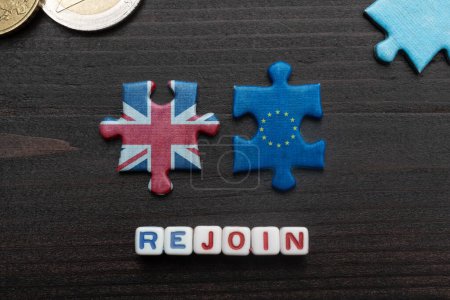 Photo for Uk rejoin european union concept: two tiles with UK and europe flag on a table - Royalty Free Image