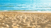 Empty sea and sandy beach background with copyspace Poster #627177910