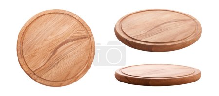 Top view and perspective of empty wood plate isolated on white background