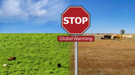 Photo for Stop global warming concept showing sign between contrasting countryside landscape of green fields and dry farmland with livestock. - Royalty Free Image