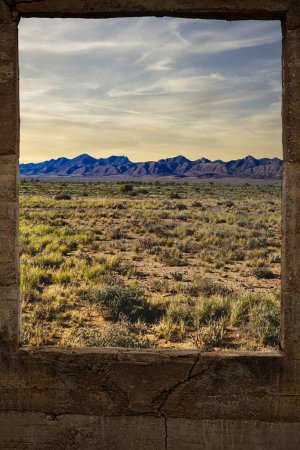 South Australia, view of the Flinders Ranges from a old brick window