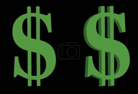 Ilustración de Dos signos de dólar uno 3 D en verde con fondo negro - Imagen libre de derechos