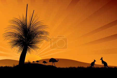 Téléchargez les illustrations : Black boy tree emus and kangaroos in the sunset with rays. hilly and grass in a silhouette - en licence libre de droit