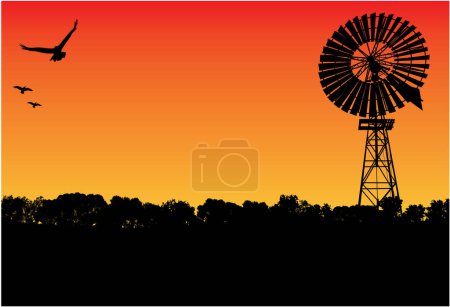 Silhouette von Windmühle und Gummibaum, drei Vögel fliegen im Sonnenuntergang