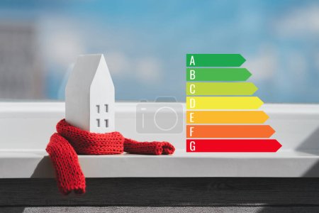 Miniaturhaus mit rotem Schal und Energieeffizienzdiagramm auf der Fensterbank. Das Konzept der Passivhausheizung. Wärmedämmung eines Gebäudes oder einer Wohnung. Energiekrise.