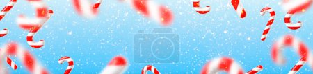 Foto de Marco hecho con bastones de caramelo de Navidad. Banner de renderizado 3D brillante realista. Fondo azul claro con nieve y lugar para texto - Imagen libre de derechos