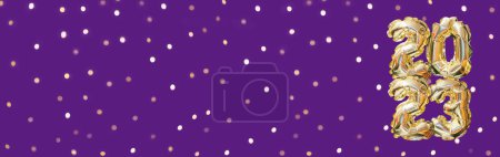 Foto de Helio número globo de oro del año 2023. Guirnalda festiva brillante con bokeh sobre fondo púrpura. Feliz Año Nuevo tarjeta de felicitación - Imagen libre de derechos