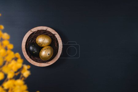 Foto de Huevos pintados de oro y negro sobre fondo oscuro. Vista superior del nido que contiene tres huevos. Concepto mínimo de Pascua con espacio de copia para texto. - Imagen libre de derechos