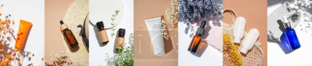 Foto de Collection of bottles for cream or lotion. Set of natural cosmetic with flowers. Beauty concept for face body care. Trending photo collage in natural materials with field flowers. - Imagen libre de derechos
