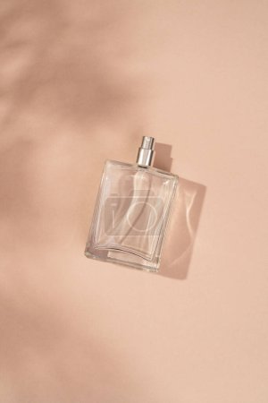 Téléchargez les photos : Glass bottle of perfume on beige background. Fragrance on a beige table with shadow. - en image libre de droit