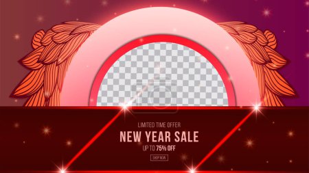 Photo for Red new year doodle sale promotion poster banner with product display and festive decoration red background - Royalty Free Image
