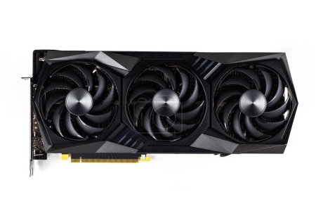 Computer graphic card with three fans. Video card with three coolers from the computer. GPU card. IT hardware. Crypto currency mining rig with graphics cards.