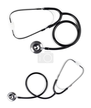 Photo for Set with stethoscopes on white background, top view. Banner design. - Royalty Free Image