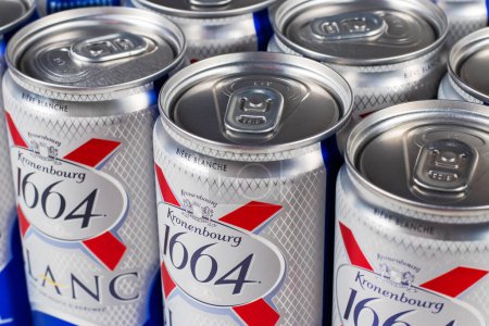 Photo for Dnipro, Ukraine, oct 13, 2023: Kronenbourg 1664 Blanc beer can. French brand of beer. Sale in a hypermarket. - Royalty Free Image