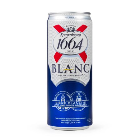 Photo for Kyiv, Ukraine - June 26, 2021: Studio shoot of Kronenbourg Blanc 1664 wheat beer with citrus can closeup on white. The company is owned by the Carlsberg Group. - Royalty Free Image