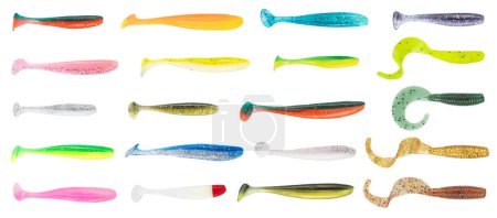 Photo for Multicolored silicone fishing baits isolated on white background. Spinning bait. Set of bait. Composition of silicone bait for fishing. - Royalty Free Image
