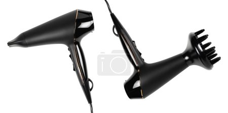 Black Hair Dryer Isolated on White Background. Hair Care Tool. Metallic Rosy Ionic Hairdryer. Domestic Small Appliances. Household Equipment. Electric Home Appliance. Professional Hair Style Tool