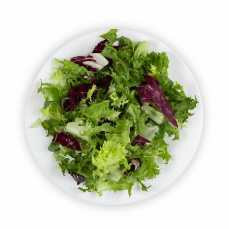 Mélanger la salade dans une assiette avec des gouttes d'eau sur un fond blanc. Vue du dessus