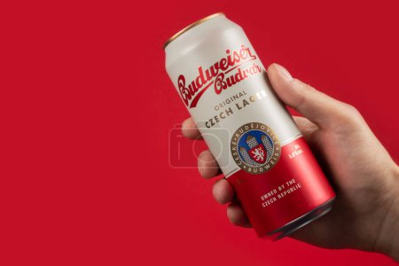 Foto de Dnipro, Ucrania 14 nov, 2023: Aluminium Budweiser Budvar lager beer in can in the hand on red background.. Budweiser es fabricado por Budweiser Budvar en República Checa - Imagen libre de derechos